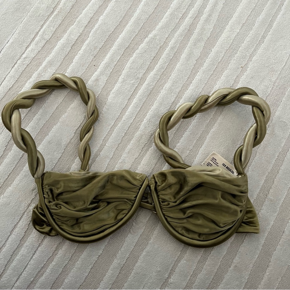 Isa Boulder Metallic Twist-Detail Bikini Top